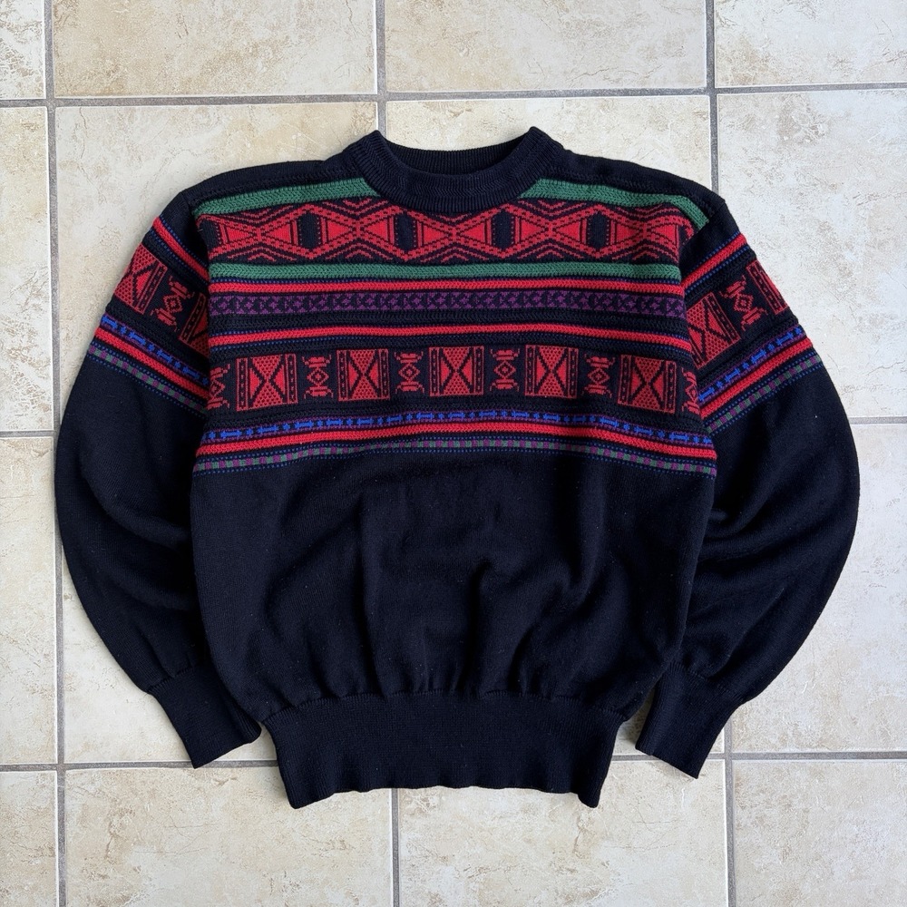 Vtg Meister Sweater Mens Medium Black Wool Blend Textured Geometric Crop Fit 80s
